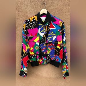 Crazy 80's Print Vintage Silk Bomber Jacket by Dana Buchman